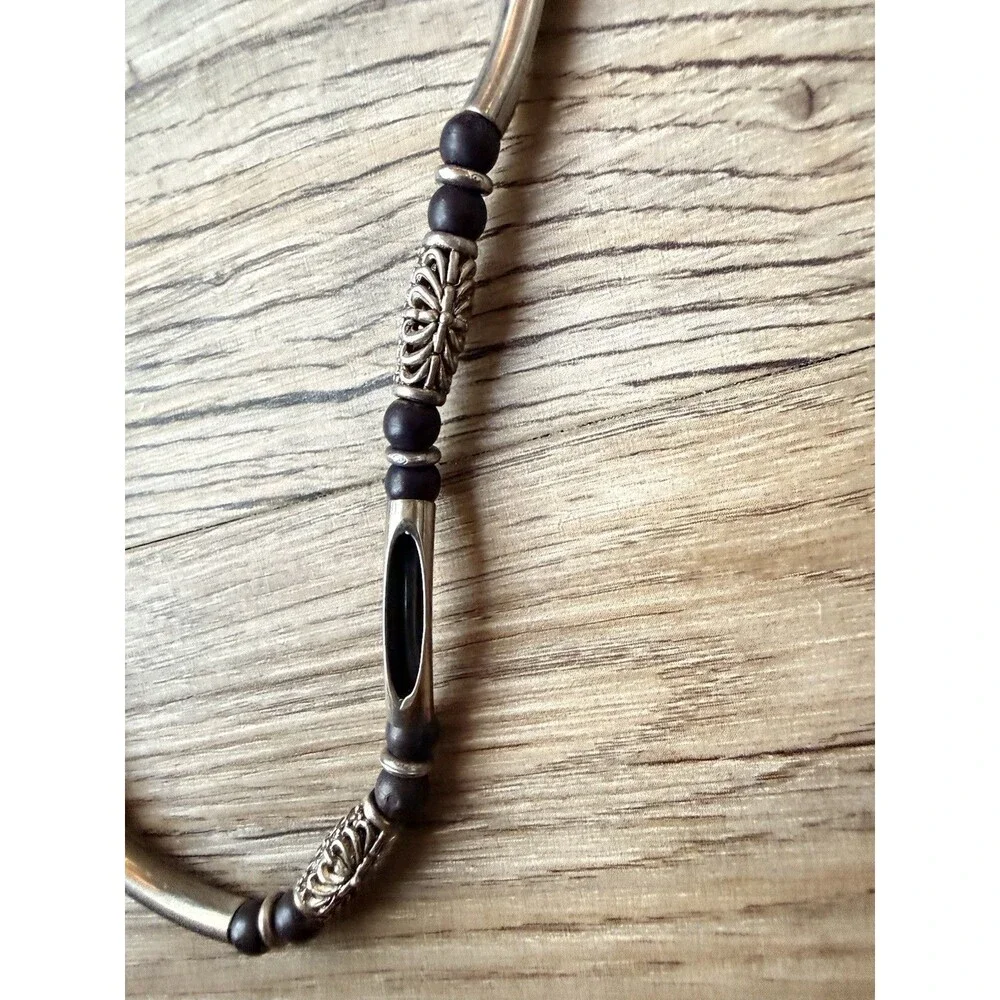 Y2K Men Black Bead Necklace Silver Tone Tribal Boho Surfer street grunge skater